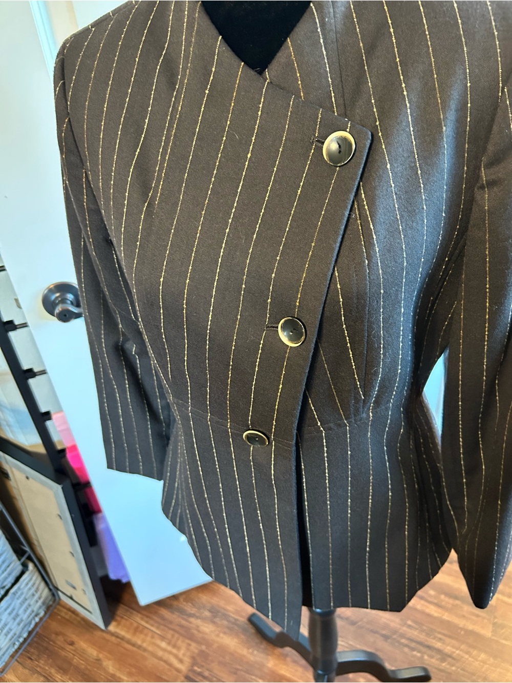 Women's Black Pinstripe Asymmetric Button Blazer with Gold Thread